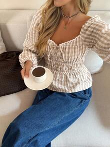 Serisse 女士休闲格子灯笼袖衬衫，秋季款 - 彩色 - 查看 6