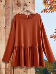 Rusticease Plus Size Women Rust Orange Autumn Long Sleeve Button Back Top,Smart Casual Everyday Solid Color T-Shirt,Wedding Ninang Comfortable Breathable 2025 - Brown - View 3