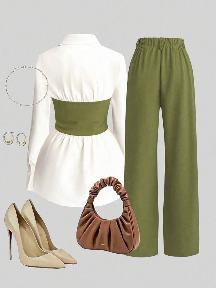 Franclia 2pcs Set: Waist Cinched Shirt & Wide Leg Pants, Slimming Design, Lapel Collar - Green - View 2