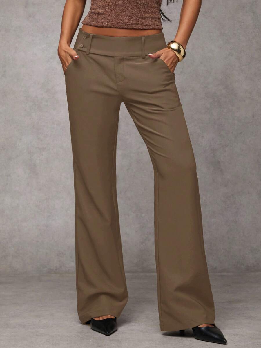 SHEIN BAE 女士纯色口袋优雅喇叭裤 女士正装裤 商务休闲女裤 秋季，女士秋装，女士冬装 - 卡其色 - 查看 1
