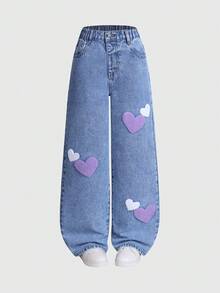 SHEIN Conjunto de dos piezas de mezclilla para niñas preadolescentes, nueva llegada para otoño/invierno 2025 - Chaqueta de mezclilla lavada con decoración de perlas y pantalones rectos holgados de mezclilla, versátil para uso diario, escuela, transporte, fiesta, Halloween, diseño cómodo de talle medio - Azul lavado medio - Ver 4
