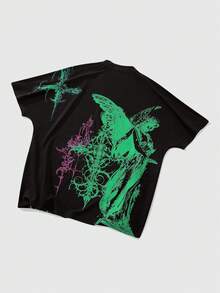 ROMWE MEN Goth Kaos Pria Lengan Kelelawar Kasual Musim Semi/Panas dengan Motif Grafis, Cocok untuk Dipakai Sehari-hari di Musim Semi/Panas - Hitam - View 4