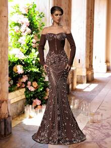 Glamrae 优雅奢华串珠亮片花卉拼布弹力针织美人鱼裙，带袖，适合婚礼、派对、度假、庆典、晚礼服 - 咖啡棕 - 查看 3