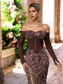 Glamrae 优雅奢华串珠亮片花卉拼布弹力针织美人鱼裙，带袖，适合婚礼、派对、度假、庆典、晚礼服 - 咖啡棕 - 查看 4