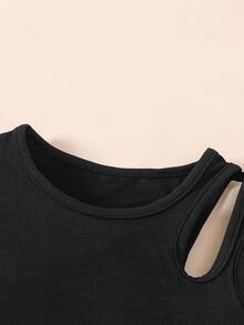 SHEIN ChillGRL Tween Girl Hollow Out Top & Denim Skirt 2pcs Set, Casual Summer Outfit - Black - View 3