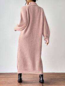 SHEIN Clasi Gaun Rajut Panjang Kerah Tinggi Warna Polos Kasual, Musim Gugur/Musim Dingin - Dusty Pink - View 2
