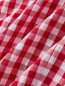 SHEIN MOD 红白格子彼得潘领系带泡泡袖衬衫