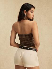 Easelle Áo vest nữ hở lưng họa tiết kẻ caro nhẹ nhàng, phù hợp mặc đi làm, đi chơi và thường ngày - màu nâu - Xem 2