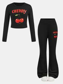 SHEIN Tween Girls Fashion Casual Cherry Print Long Sleeve T-Shirt And Flare Pants Set, Autumn/Winter - Black - View 2
