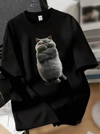 Cute Aloof Cat Graphic Casual Crew Neck Short Sleeve T-Shirt For Teenage Boys