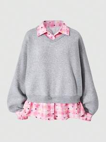 SHEIN ChillGRL Teen Girls Minimalist Versatile Striped Splicing Thermal Lined Gray Long Sleeve Sweatshirt With Plaid Decor, Autumn/Winter - Grey - View 7