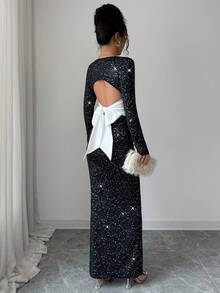 Elenzga 优雅休闲性感长裙，圆领，长袖，金属面料，腰部设计，露背，蝴蝶结，撞色拼接，适合派对和约会 - 黑色 - 查看 5