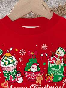 女婴圣诞可爱卡通图案饮料杯，圣诞老人、雪人、驯鹿、姜饼人、铃铛、雪花印花，红色节日款；休闲柔软加厚圆领长袖卫衣和打底裤套装，适合秋冬季圣诞节穿着。 - 彩色 - 查看 4