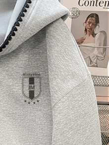 Manfinity Dauomo Men's Casual Everyday Commute Sports Style Numeric & Letter Print Embroidered Zip-Up Thermal Lined Hoodie Sweatshirt, Autumn/Winter - Grey - View 3