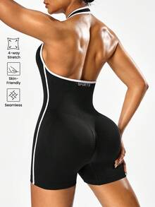 Solea Cove Women's Seamless Solid Color Halter Backless Romper - Black - View 5