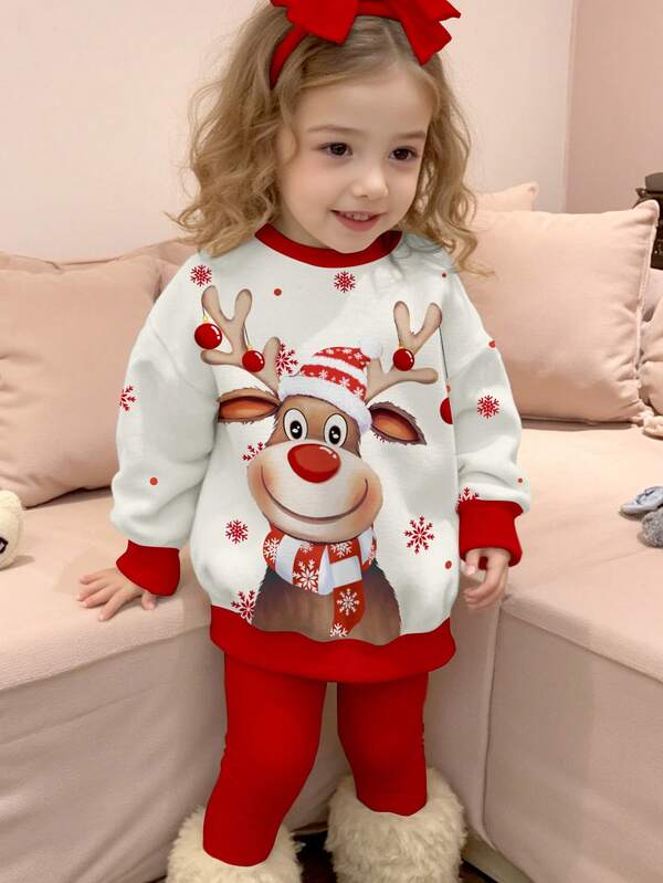 SHEIN Baby Girl White And Red Christmas Reindeer Pullover Sweatshirt,Casual Loose Fit Soft Knit Crew Neck,Autumn,Work,Santa Claus Snowman Pattern Print
