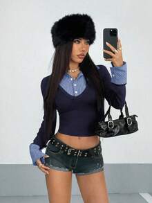 StreetHx 街头风女式撞色拼接针织长袖衬衫 - 藏蓝色 - 查看 4