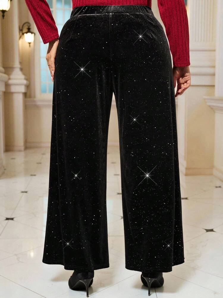 Plus Size Women High Waist Pockets Shiny Wide Leg Loose Elegant Pants, Black Pants, Shiny Pants, Litter Pants, Sequin Pants Women, Velvet Pants Women, Autumn/Winter, 2025 New, Clothes For New Year Christmas Clothes Elegant Dress Women Winter Clothes For Women Cozy Fall And Winter Clothes For Women Christmas Pajamas Christmas Clothes New Year Clothes Winter Clothes For Women