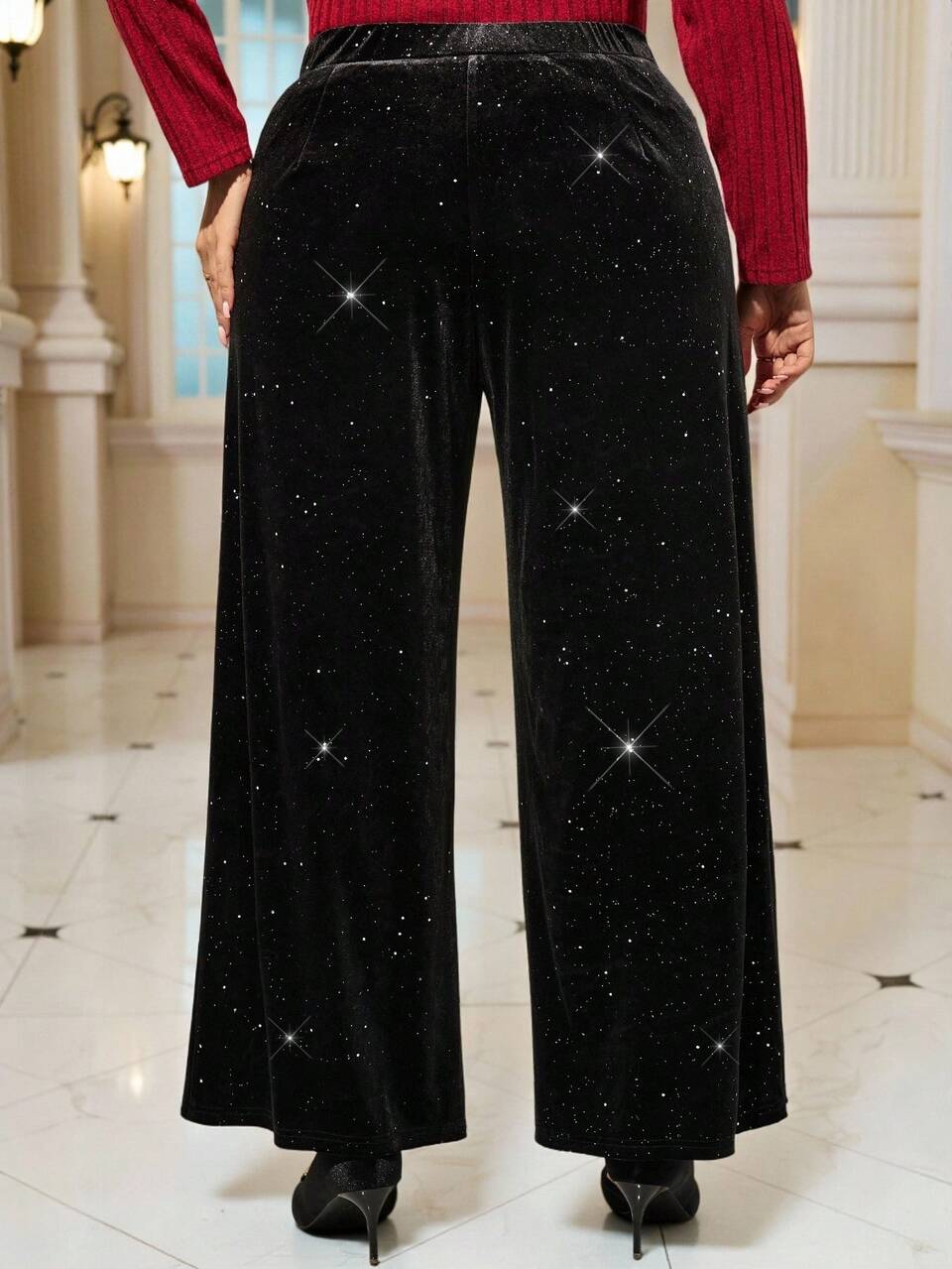 Plus Size Women High Waist Pockets Shiny Wide Leg Loose Elegant Formal Black Pants,Sequin Velvet Autumn/Winter 2025 New Year Christmas Clothes