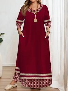 EMERY ROSE Casual Classic Geometric Print Plus Size Long Sleeve Crew Neck Dress, Suitable For Autumn/Winter New Year Party - Multicolor - View 4