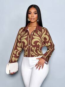 SOLERSUN 性感优雅的通勤定位艺术印花棕色秋冬女式衬衫上衣秋季女装冬季女装感恩节女装返校教师 - 棕色 - 查看 1