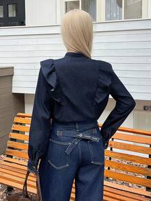 Livesso Women's Casual Denim Top With Ruffle Hem, Autumn/Winter Long Sleeve