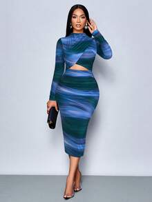 SOLERSUN Váy dài tay đơn giản, họa tiết tie-dye, nhún bèo, thanh lịch dành cho nữ, thích hợp cho các buổi tiệc hẹn hò (Họa tiết hoa ngẫu nhiên) Trang phục maxi dành cho nữ - Màu xanh Ô liu - Xem 6