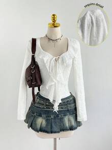 Elamini 优雅奢华女士蕾丝胸前系带衬衫 - 白色 - 查看 1