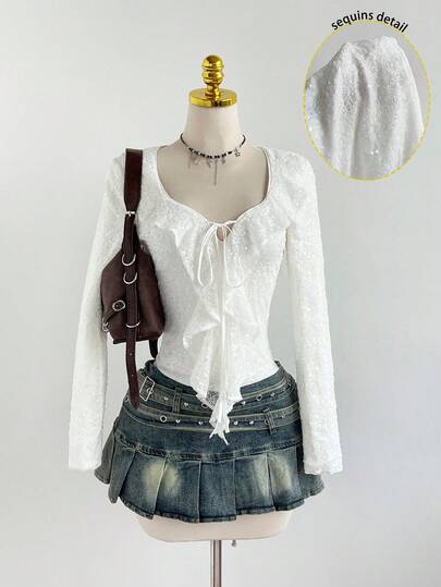 Elamini 优雅奢华女士蕾丝胸前系带衬衫