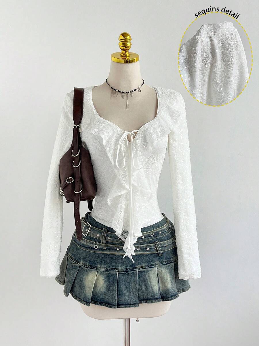 Elamini 优雅奢华女士蕾丝胸前系带衬衫 - 白色 - 查看 1