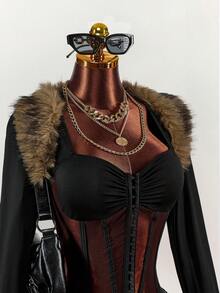 Amplova 女士网眼拼接透视紧身衣，性感毛茸茸拼接长袖，适合日常穿着，约会，新年，纯色拼接皮草时尚服装，秋冬 - 黑色 - 查看 5