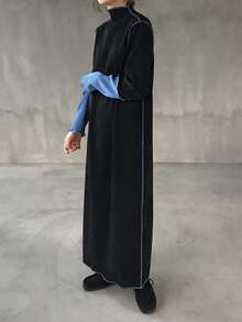 FRIFUL Gaun Wanita Lengan Panjang Kerah Tinggi dengan Blok Warna, Kain Bertekstur Ribbed, Gaun Kasual Longgar, Cocok untuk Gaun Maxi Musim Gugur/Musim Dingin - Hitam - View 4
