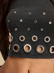 Easelle Áo thun bodycon cổ tròn tay dài thiết kế hở vai đan đen dành cho nữ - màu đen - Xem 9