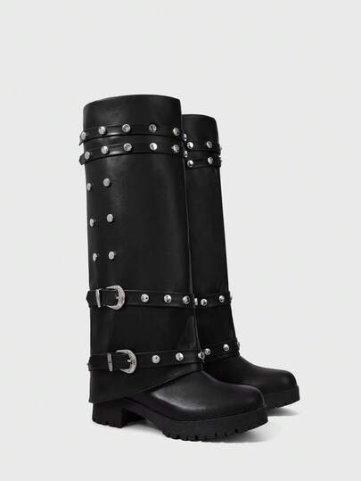 Black Knee-High Thick Sole Round Toe Slip-On Comfortable Versatile Women Boots