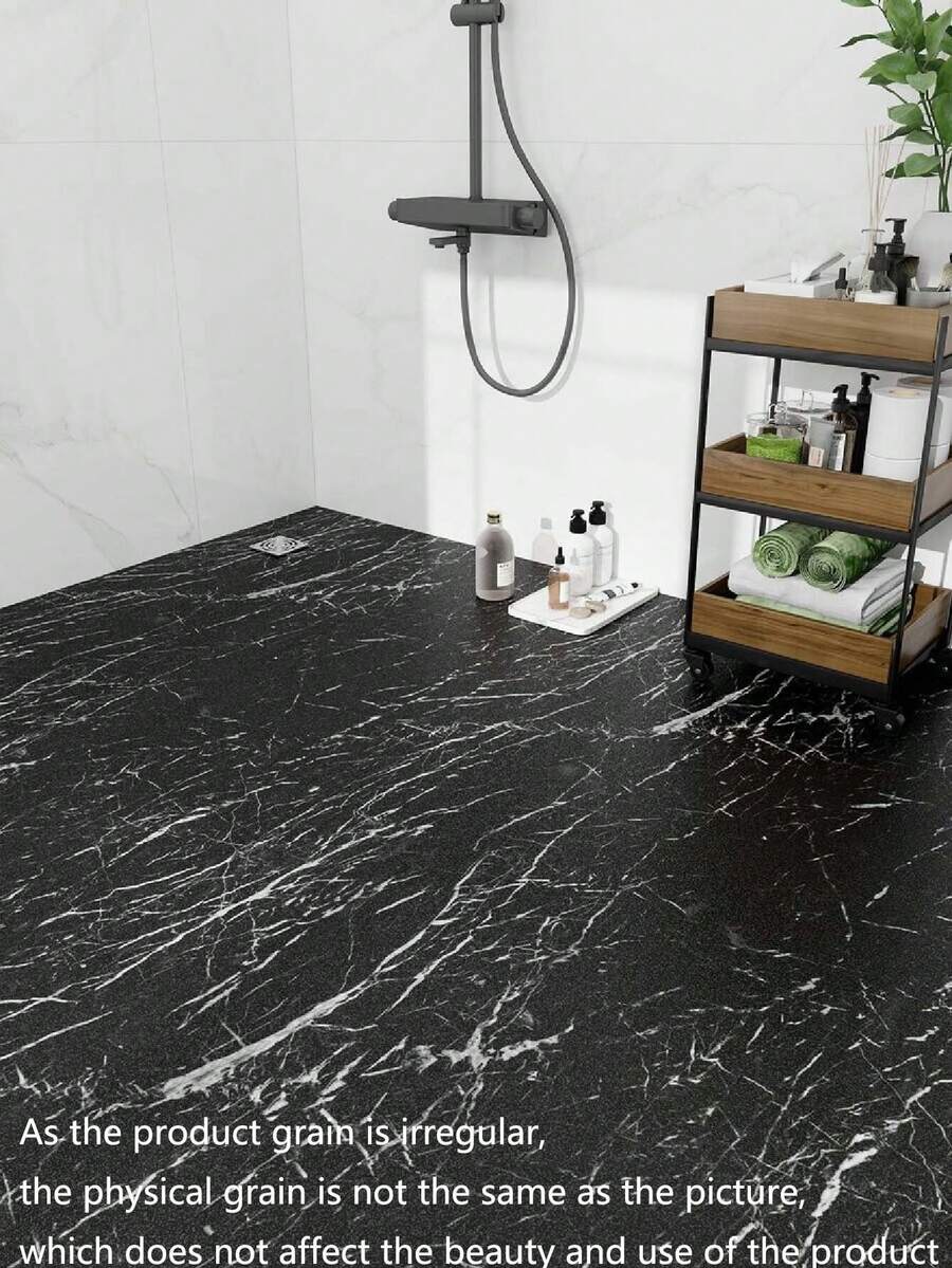 1卷40厘米宽自粘防水防滑大理石纹地板贴纸，DIY翻新地板贴，石纹质感，家居装饰，适用于室内地板，贴纸，墙贴，乙烯基贴纸，家居装饰，春季装饰品，焕新家居，Rama装饰贴纸礼物，生日毕业地板砖，自粘地板砖，剥离式粘贴，客厅装饰，房间装饰，厨房装饰 - 黑與白 - 查看 1