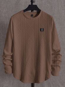 EASEVO 大码男士宽松针织麦穗菱形图案圆领长袖T恤 - 咖啡棕 - 查看 5