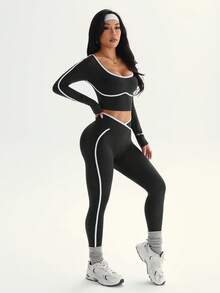 SHEIN Sports 无缝高弹瑜伽健身女式运动交叉腰带撞色套装 - 黑色 - 查看 3