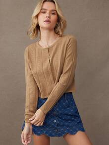 WESTFADE 扇形圆领纽扣前襟心形镂空针织开衫毛衣，适合秋季、冬季、假日、圣诞节、法兰绒、新年夜等场合。 - 卡其色 - 查看 4