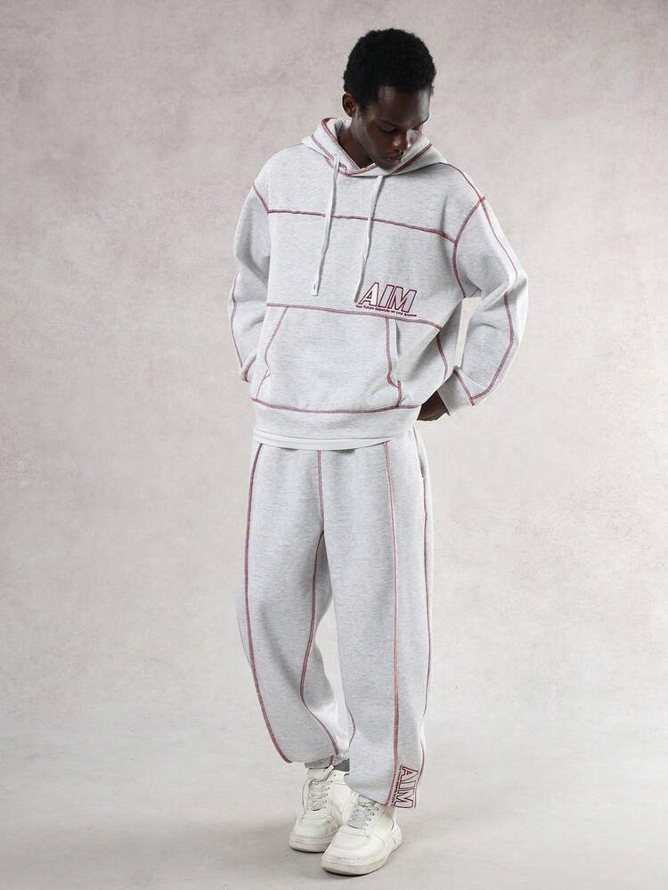 Men's Autumn/Winter Thermal-Lined Sweatsuit Set - Grey Pants With Red Contrast Stitching & Hoodie
