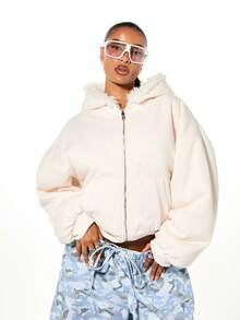 SUMWON WOMEN 超大款双面全拉链连帽衫，带羊羔绒内衬，宽松休闲冬季卫衣外套，长袖连帽衫 - 白色 - 查看 4