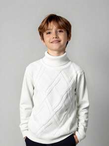 SHEIN 男童休闲日常百搭舒适高领长袖套头毛衣 - 白色 - 查看 6