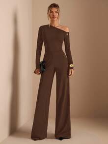 SHEIN BAE 春夏纯黑色优雅日常穿搭不对称肩长袖金属扣装饰超阔腿连体裤，适合日常约会、外出、派对等场合，优雅女士叠穿，不对称连体裤，阔腿连体裤，情人节连体裤，日常连体裤，优雅连体裤 - 棕色 - 查看 1