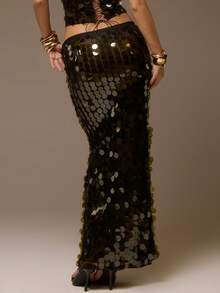 MUSERA 低腰超大款亮片直筒修身长裙套装（仅下装） 适合夜间外出、优雅性感派对、嘉年华、假期、节日等场合 - 綠色 - 查看 4