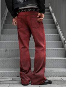 Manfinity EMRG 男士做旧直筒喇叭牛仔裤 做旧红色牛仔裤 男士喇叭牛仔裤 酒红色牛仔裤 男士 男士喇叭牛仔裤 - 酒紅色 - 查看 2