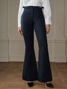 Chiquease Women's Solid Color Fashionable Design Sense Fitted Casual Button Flare Pants - Blue - View 1