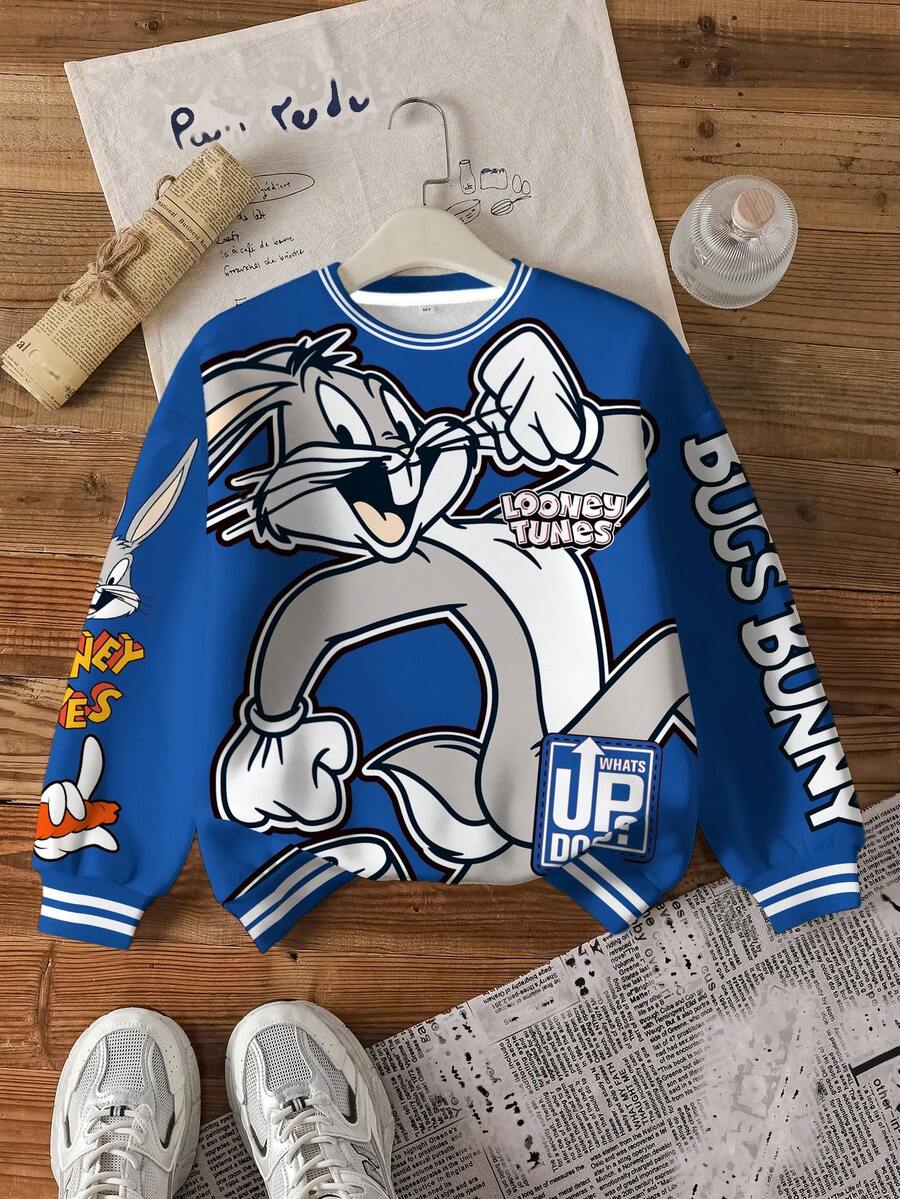 LOONEY TUNES X SHEIN Tween Boy Casual Fashion Street Cute Cartoon Rabbit & Letter Print Dropped Shoulder Loose Contrast Striped Trim Fleece Sweatshirt, Autumn/Winter Y2k Sweat Shirts Kids Kids Hoodies Boys Boys Y2k Clothes - White - View 1