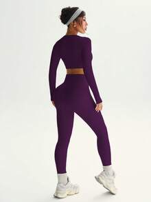 Gameset SHEIN Sport 女士纯色无缝高弹力短款上衣和紧身裤运动套装 - Bold Plum - 查看 4