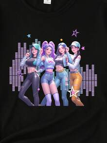 Explorewe Áo thun ngắn cơ bản in họa tiết ngôi sao năm cánh nhiều màu sắc, thoải mái, ấm áp, phong cách mùa thu, phù hợp cho mùa hè và mùa thu, áo thun - màu đen - Xem 5