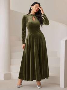 Modelyn 酒红色女士纯色钥匙孔领泡泡袖优雅连衣裙长款晚礼服 - 橄欖綠 - 查看 3