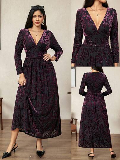 Zelara Plus Size Women Velvet Burnout V-Neck Long Sleeve Side Slit Hem Elegant Dress Plus Size Purple Dress Purple Floral Dress Women Long Sleeve Maxi Dress Women Maxi Dress Curve Plus Size Boho Dress